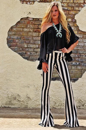 Black and White Striped Bell Bottoms with Pockets - Preezies