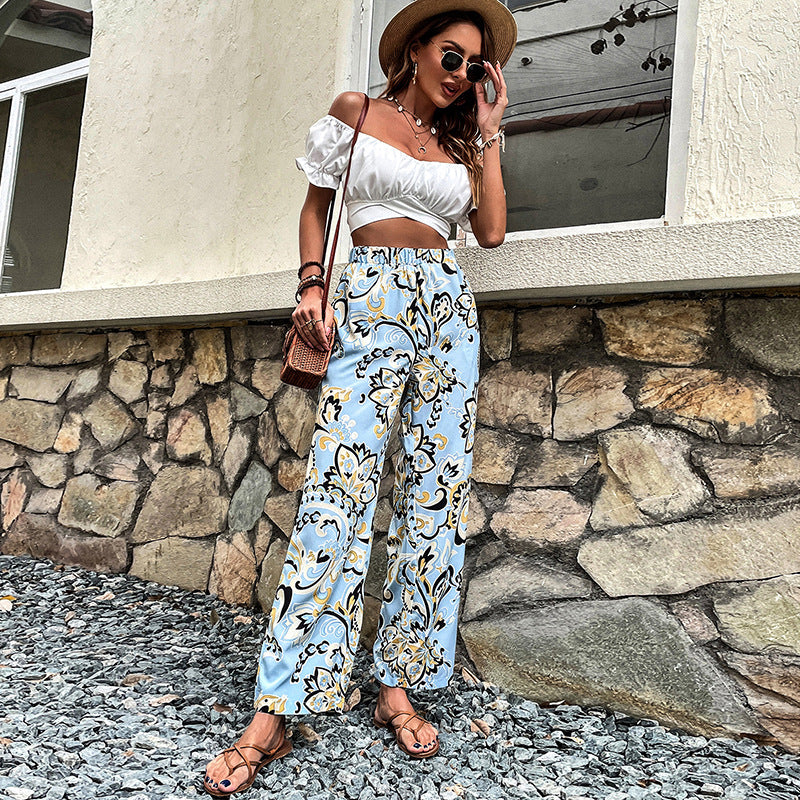 Blue Floral Printed Straight Trousers - Preezies