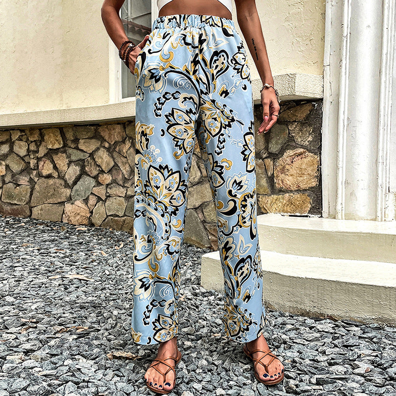 Blue Floral Printed Straight Trousers - Preezies